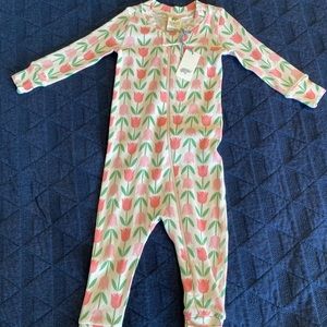 Monica and Andy zip footless onesie with tulips, 9-12m girl
